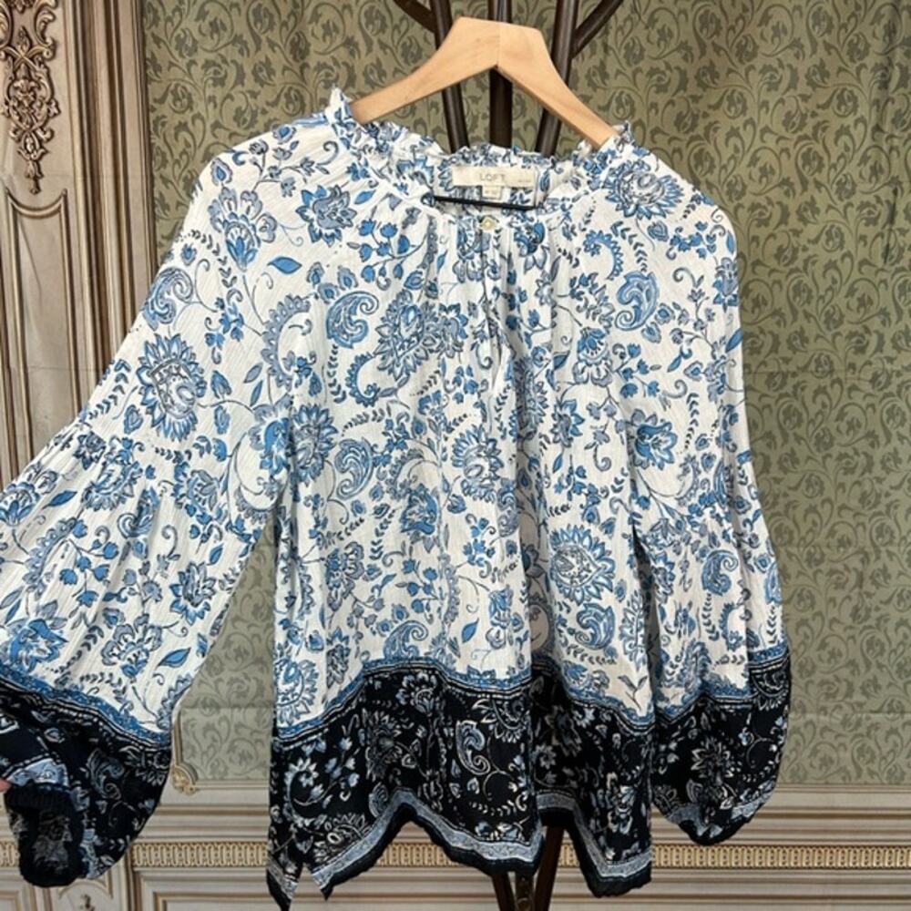 LOFT White and Blue Paisley Blouse